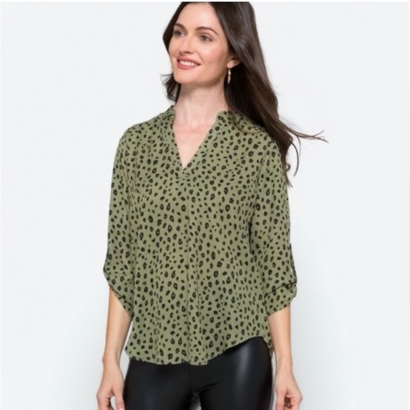 Nordstrom Lush Sage & Black Printed Blouse Sz Small - Picture 1 of 5